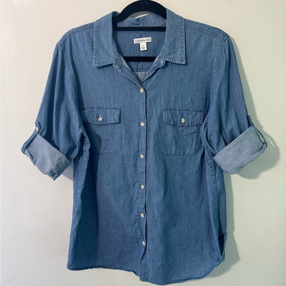 Croft & Barrow Blue denim chambray 3/4 sleeve Button Down Shirt LARGE - Picture 5 of 6